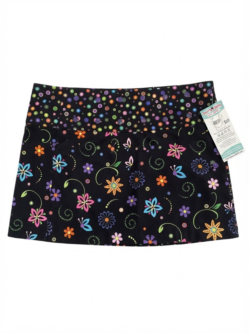 Black Floral Mini Skirt with Colorful Dot Waistband